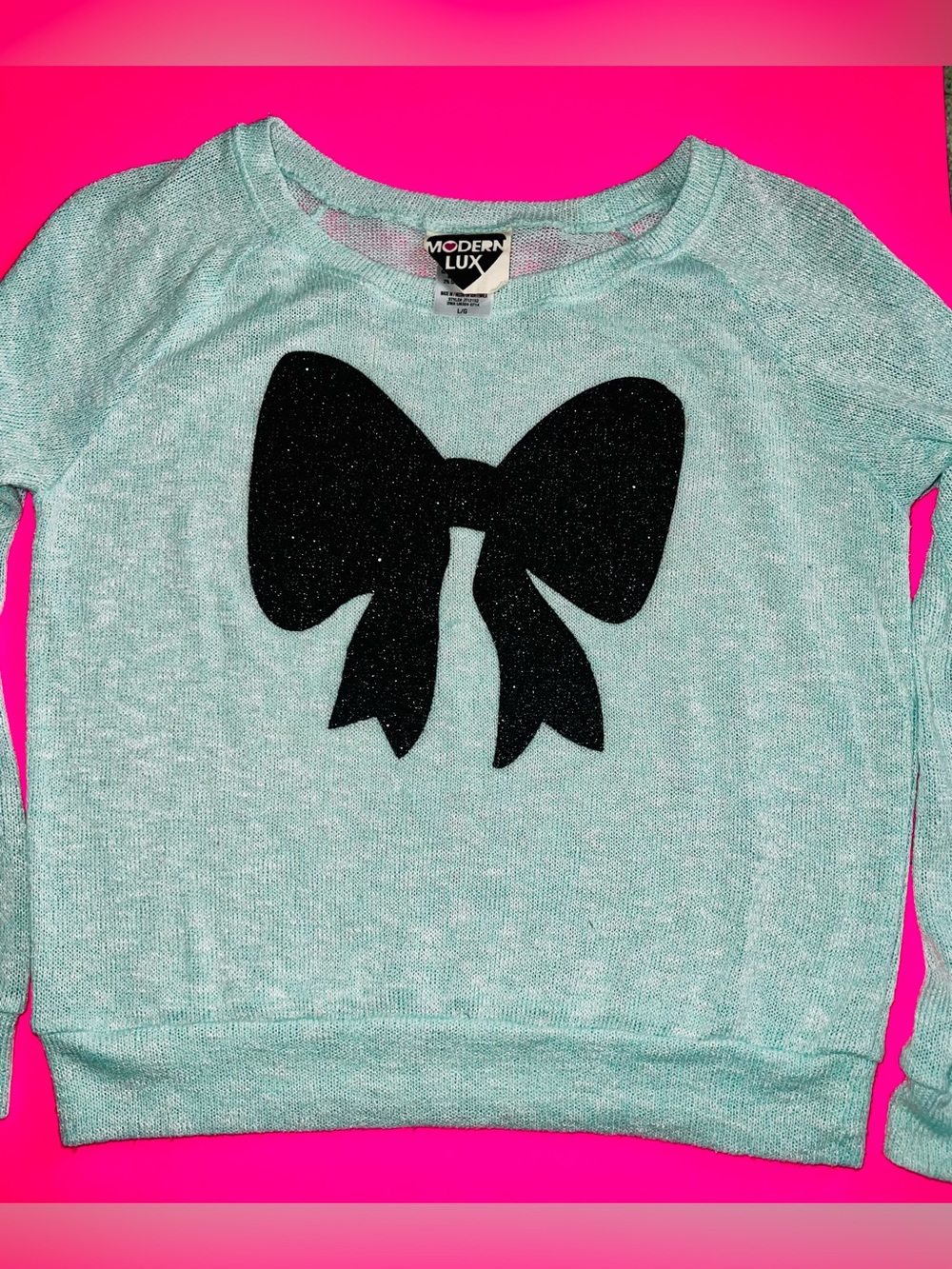 Modern Lux Sweater Size L Mint Green Black Glitter Bow